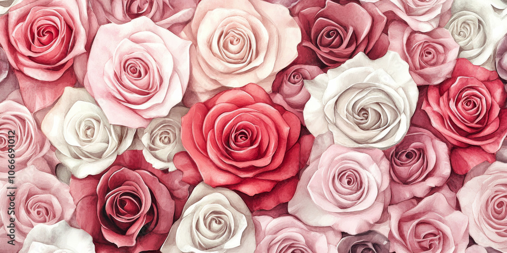 Hand painted watercolor of a bouquet of roses in a variety of colors, including pink, red, and white Hand painted watercolor of a bouquet of roses in a variety of colors, including pink, red, and white