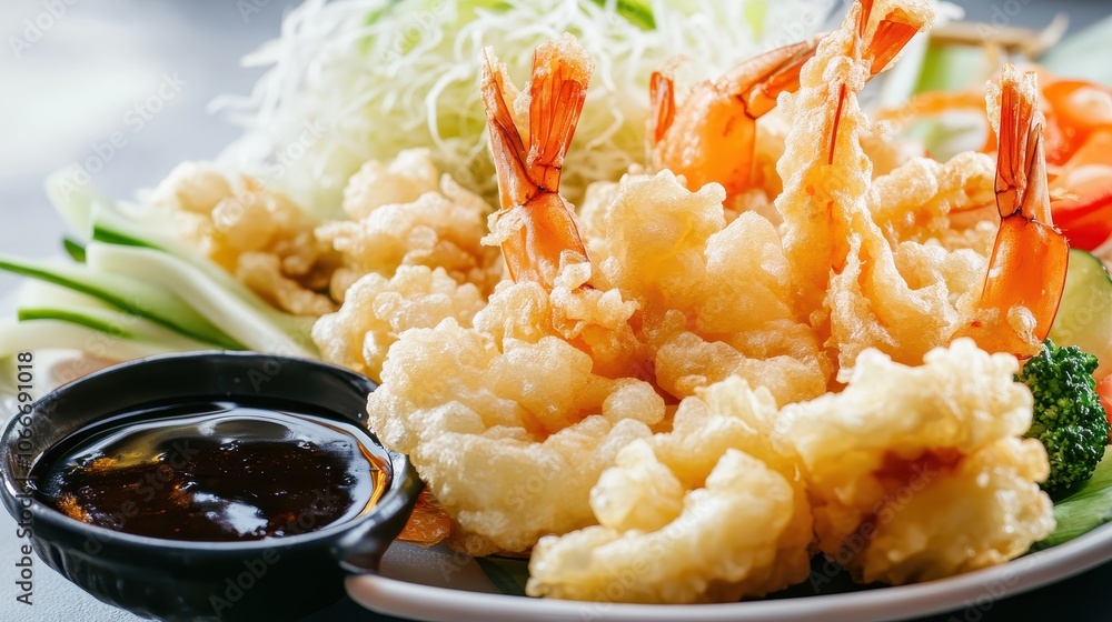 Tempura Shrimps with Vegetables and Soy Sauce, Japanese Food Tempura Shrimps with Vegetables and Soy Sauce, Japanese Food