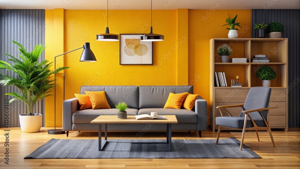Cozy Gray Office Sofa with Table in a Bright Yellow Orange Room, Showcasing Modern Interior Design and Comfortable Workspace Aesthetics Cozy Gray Office Sofa with Table in a Bright Yellow Orange Room, Showcasing Modern Interior Design and Comfortable Workspace Aesthetics