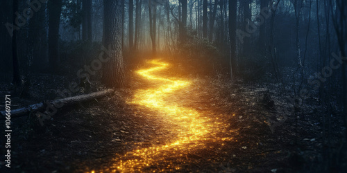 A glowing path through a dark forest, leading to a magical destination where time feels irrelevant