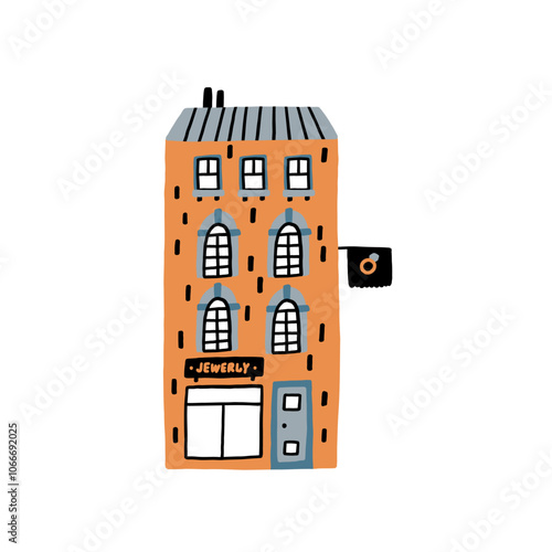 European Jewelry Shop. Europe Store Architecture. Flat Naive Style Cute Building Isolated for Retail Business. Vector Scandinavian Ring House 