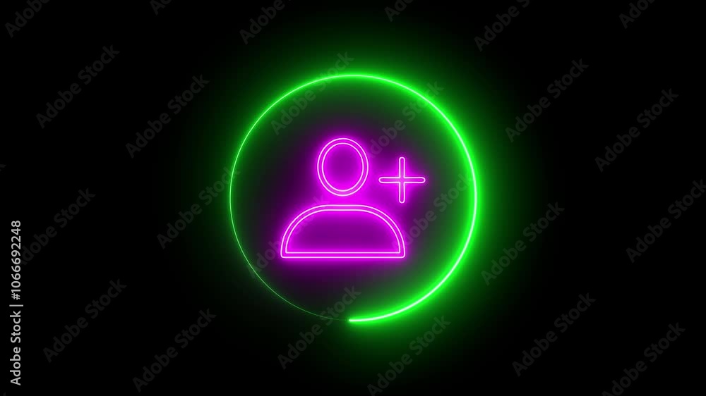 The neon new user icon typically features a glowing silhouette or figure with a plus sign, symbolizing the addition of a new member or user to a system or platform.