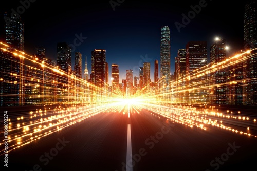 City skyline with light trails at night photo