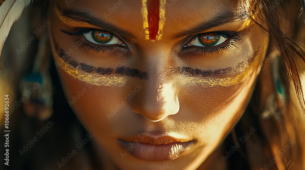 Captivating close-up of a woman in traditional indigenous attire, her face painted with symbolic designs, eyes full of intensity. Background softly blurred with earthy tones, hd quality, Captivating close-up of a woman in traditional indigenous attire, her face painted with symbolic designs, eyes full of intensity. Background softly blurred with earthy tones, hd quality,