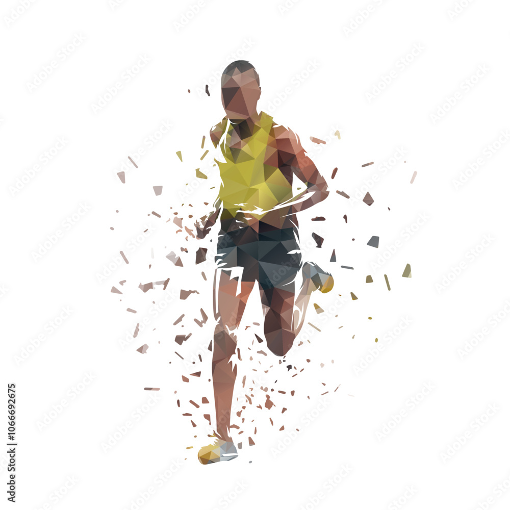 Run, marathon runner, abstract low poly isolated vector illustration, front view
