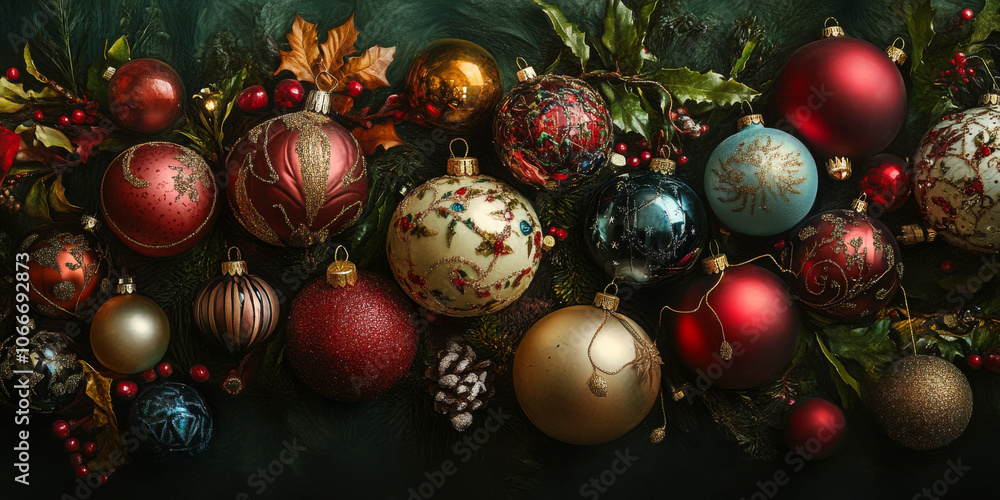 An artistic arrangement of Christmas ornaments in various colors and textures, showcasing holiday cheer An artistic arrangement of Christmas ornaments in various colors and textures, showcasing holiday cheer