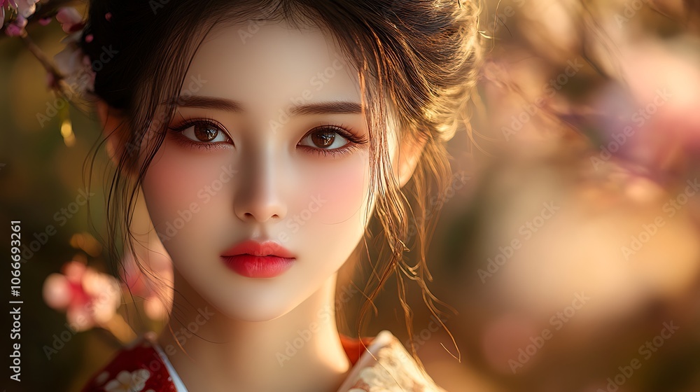 Captivating image of a woman in a traditional kimono, her face softly lit and adorned with subtle makeup, expressing calmness. Background subtly blurred with traditional garden elements, Captivating image of a woman in a traditional kimono, her face softly lit and adorned with subtle makeup, expressing calmness. Background subtly blurred with traditional garden elements,