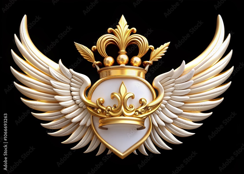 Fototapeta premium Sophisticated white and gold emblem showcasing a crown and wings, perfect for high-end branding and design projects
