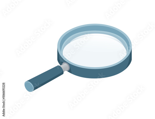 Isometric magnifying glass with a blue handle, perfecto for research, discovery, and investigation. Ideal for analysis, data, and education-themed designs. Vector illustration isolated on white