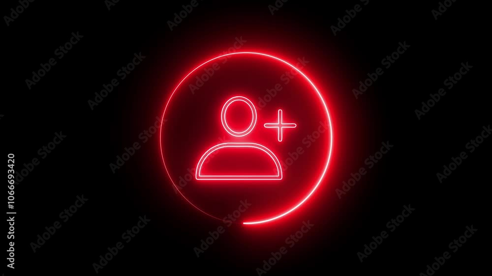The neon new user icon typically features a glowing silhouette or figure with a plus sign, symbolizing the addition of a new member or user to a system or platform.