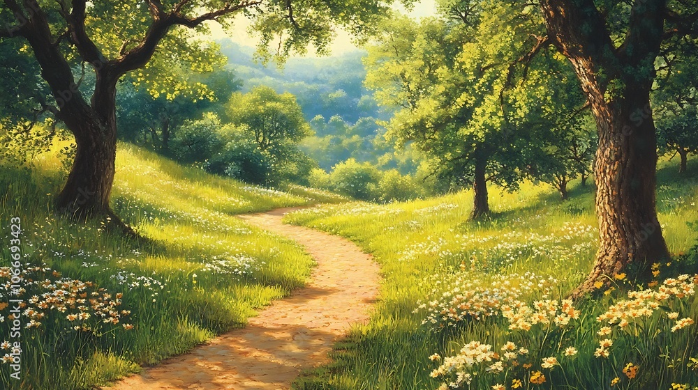 Naklejka premium A winding dirt path through a lush green meadow with trees on either side.