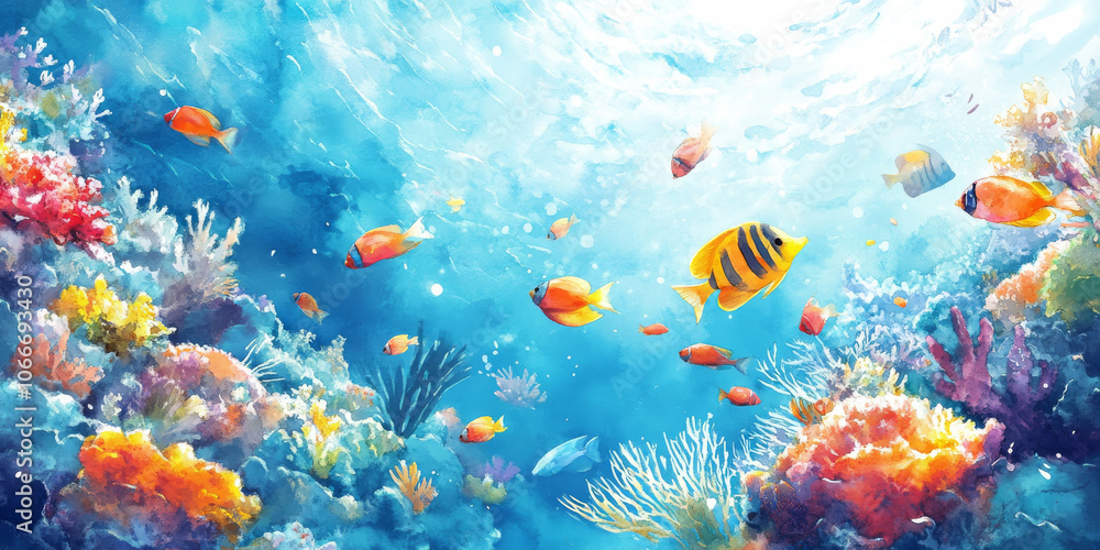 Naklejka premium Hand painted watercolor of a playful school of fish swimming through colorful coral