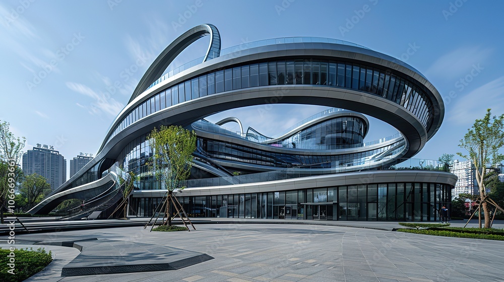 Obraz premium Spiral Shaped Building Background - a striking and innovative architectural visual. The spiral design adds a unique and modern touch to the scene.
