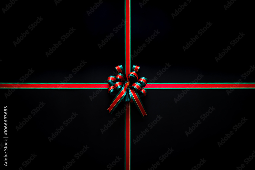 Red and green color ribbon tie together with bow in the middle on black background for Black Friday shopping day concept. Red and green color ribbon tie together with bow in the middle on black background for Black Friday shopping day concept.
