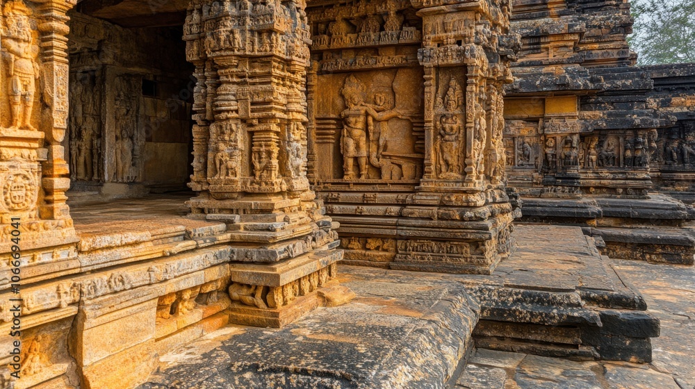 A close-up of the stunning frescoes inside the Chola Temples, depicting vibrant scenes from the Ramayana and Mahabharata, highlighting ancient artistry A close-up of the stunning frescoes inside the Chola Temples, depicting vibrant scenes from the Ramayana and Mahabharata, highlighting ancient artistry