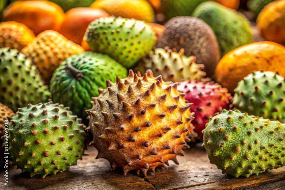 Dried Soursop Fruit Display: Colorful and Textured Arrangement of Annona Squamosa in Focus with Tilt-Shift Effect Highlighting the Inedible Nature of the Fruit Dried Soursop Fruit Display: Colorful and Textured Arrangement of Annona Squamosa in Focus with Tilt-Shift Effect Highlighting the Inedible Nature of the Fruit