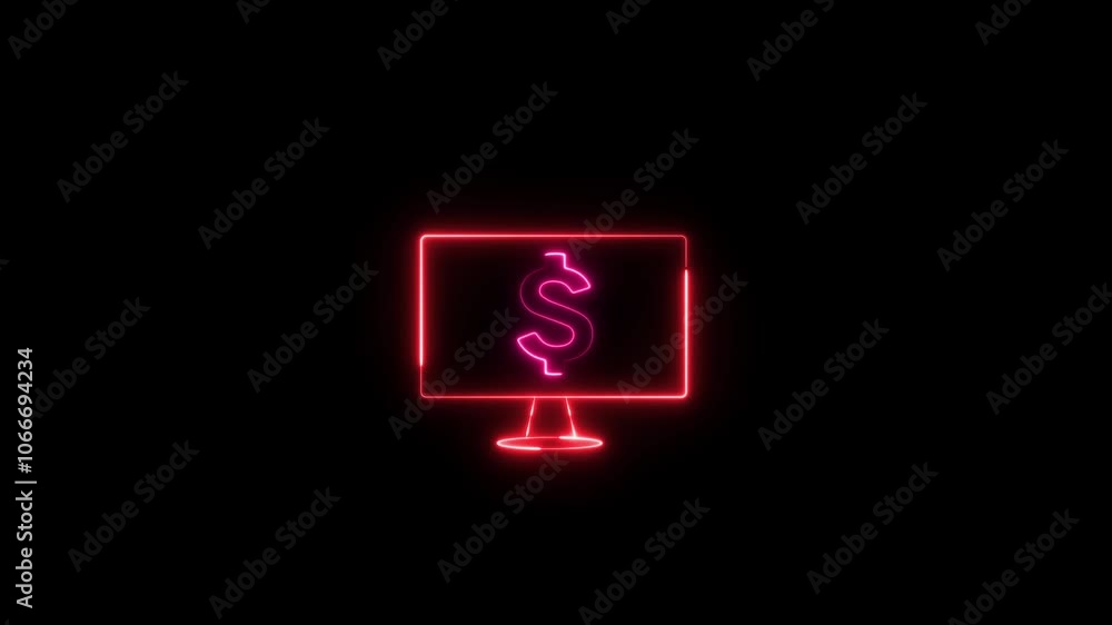Glowing neon line Computer monitor with dollar icon animation isolated on black background. Internet financial security concept, online finance protection. Colorful outline concept. Glowing neon line Computer monitor with dollar icon animation isolated on black background. Internet financial security concept, online finance protection. Colorful outline concept.
