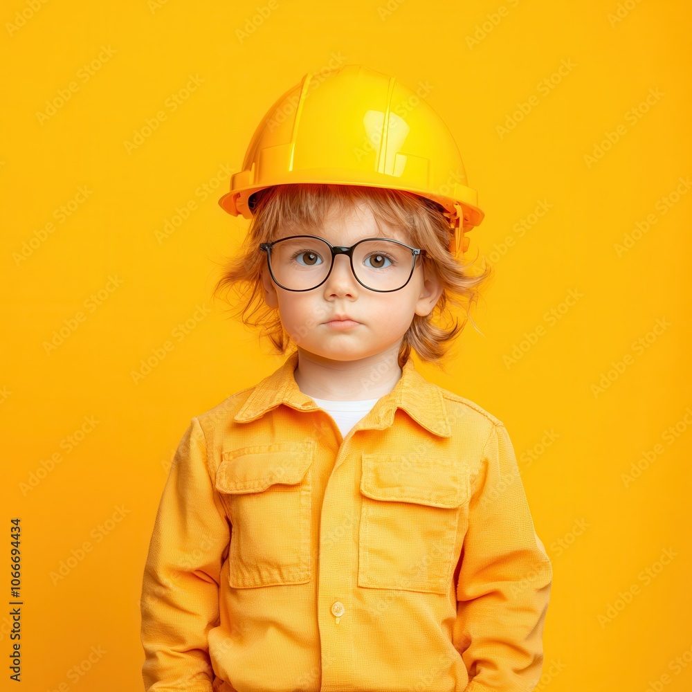 Adorable child dressed as an electrician with glasses and hard hat posing confidently on vibrant yellow background Adorable child dressed as an electrician with glasses and hard hat posing confidently on vibrant yellow background