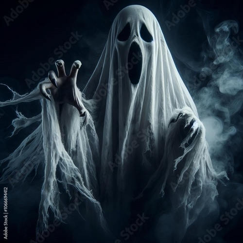 Scary Halloween ghost in the dark with a spooky white smoke, evoking fear and horror in a gothic carnival atmosphere