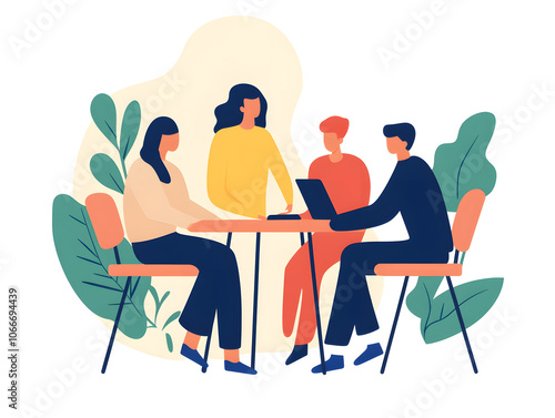 Collaborative coworkers engaged in project discussion around table, showcasing teamwork and creativity in modern workspace