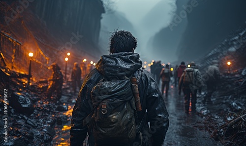 Man With Backpack Walking Through Dark Tunnel