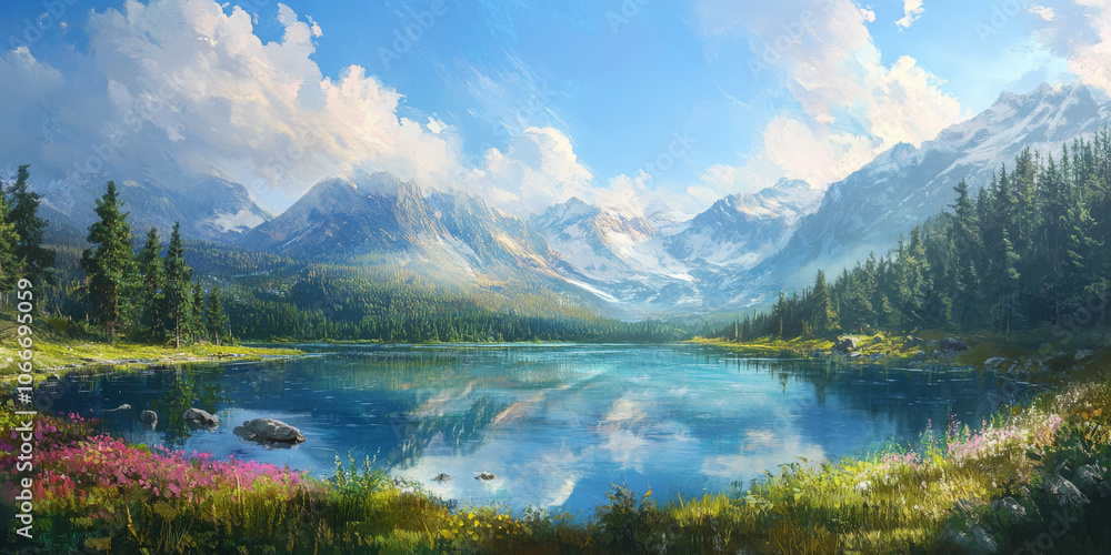 A serene mountain lake reflecting the sky, where time feels suspended in a moment of pure magic A serene mountain lake reflecting the sky, where time feels suspended in a moment of pure magic