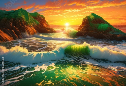vibrant coastal scene featuring exquisite abstract wave patterns capturing beauty ocean shoreline, azure, beach, blue, coastline, contrast, current, depth