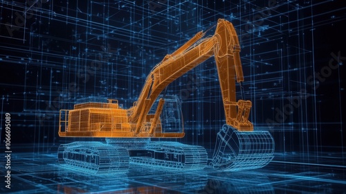 A close-up shot of the excavator's bucket in action, with overlaying blueprints that detail its engineering mechanics and design intricacies