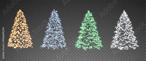 Realistic glowing Christmas trees. Sparkling lights in the form of a Christmas tree with bright shiny particles. Magical design for Christmas party, png.