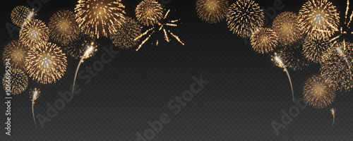 Magic fireworks in the night sky, Christmas background for holiday design, poster, postcard on a transparent background, png. Holiday lights.	
