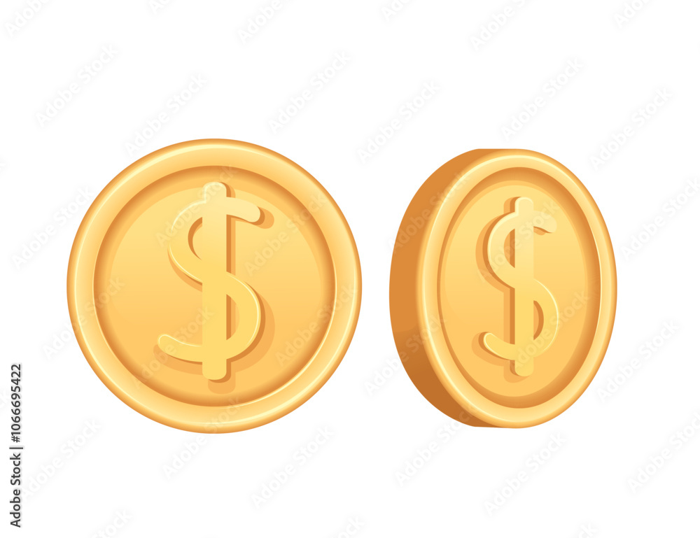 Two gold coins with dollar signs, representing currency, income, or wealth. Suitable for financial, gaming, and investment themes. Vector illustration isolated on white background Two gold coins with dollar signs, representing currency, income, or wealth. Suitable for financial, gaming, and investment themes. Vector illustration isolated on white background