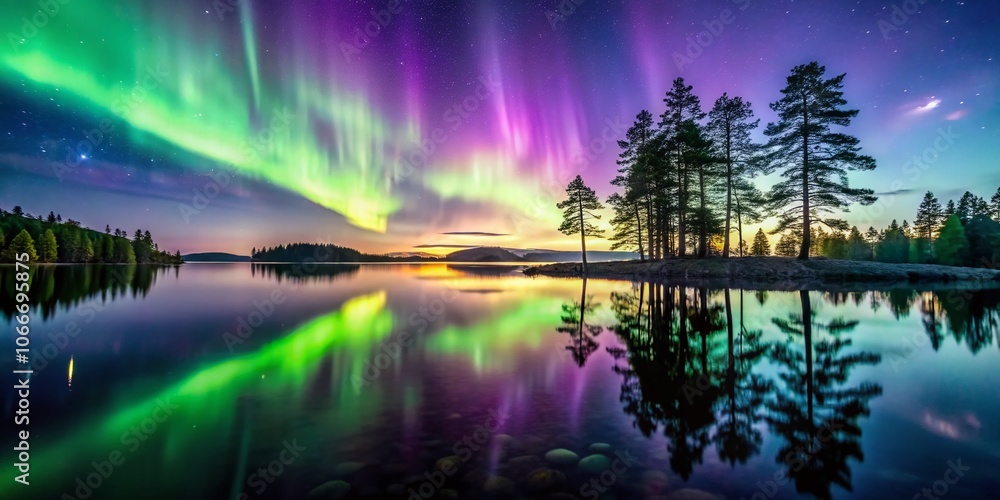 Fototapeta premium Northern Lights Over Calm Lake in Sweden - Majestic Aurora Borealis Reflections in Tranquil Waters, Scenic Nature Photography, Serene Night Sky, and Vibrant Colors