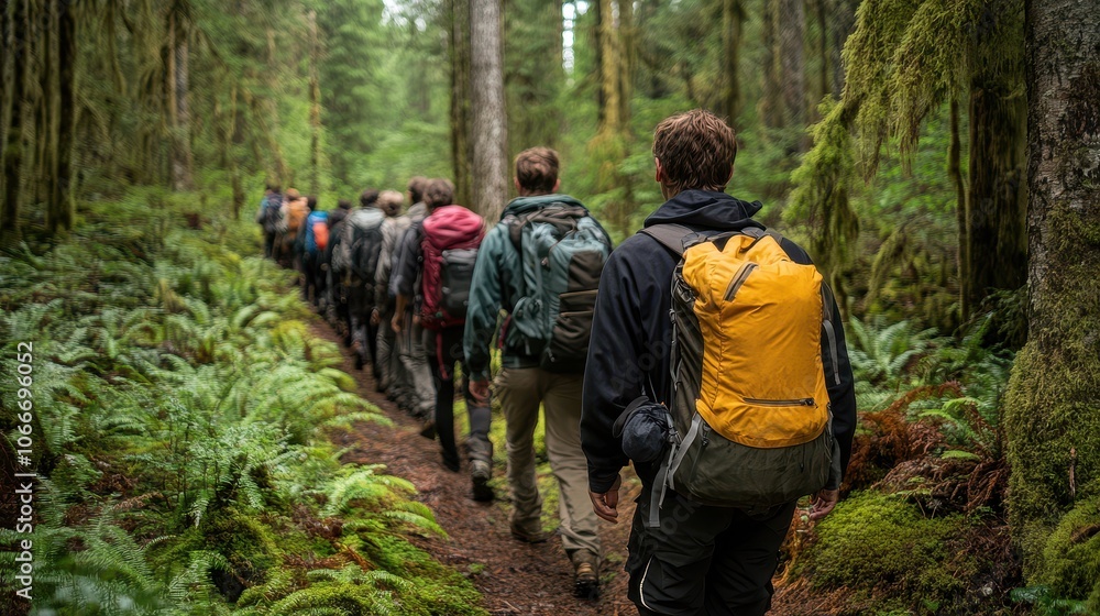 Group of Travelers Hiking in a Protected National Area Group of Travelers Hiking in a Protected National Area