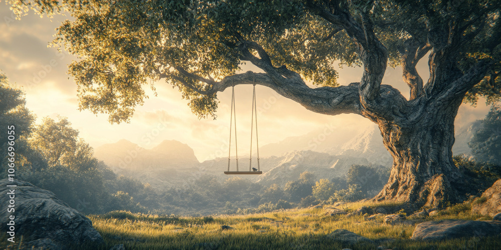 An ancient tree with a swing hanging from its branches, representing the joy of childhood and the magic of timeless moments An ancient tree with a swing hanging from its branches, representing the joy of childhood and the magic of timeless moments