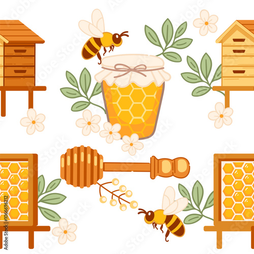 Seamless pattern Beekeeping with hives, honey jars, bees, and flowers, symbolizing nature, agriculture, and organic production. Perfect for designs related to honey, beekeeping, and natural products. 