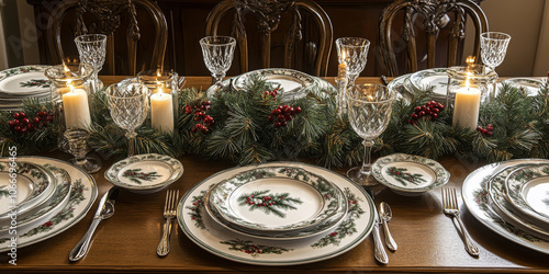 A festive dining table set for Christmas dinner, complete with elegant tableware, candles, and a centerpiece of pine and berries