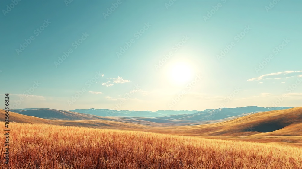 Golden Grass Field with Rolling Hills and Bright Blue Sky Golden Grass Field with Rolling Hills and Bright Blue Sky