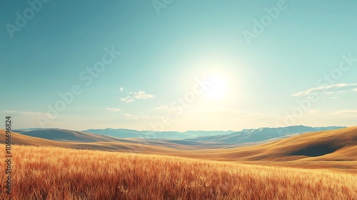 Golden Grass Field with Rolling Hills and Bright Blue Sky