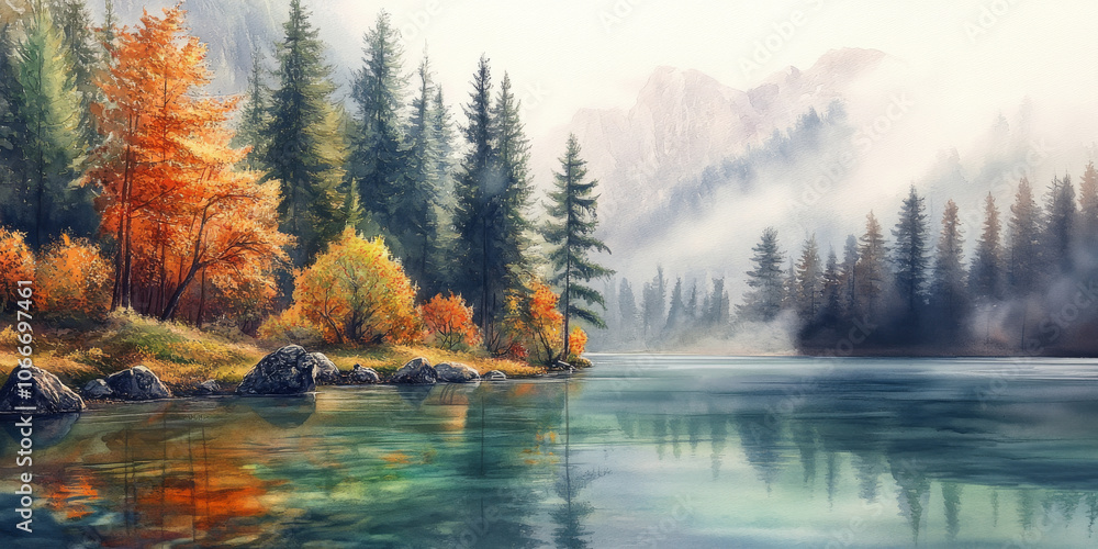 Naklejka premium Hand painted watercolor of a crystal-clear lake surrounded by autumn trees with vibrant foliage