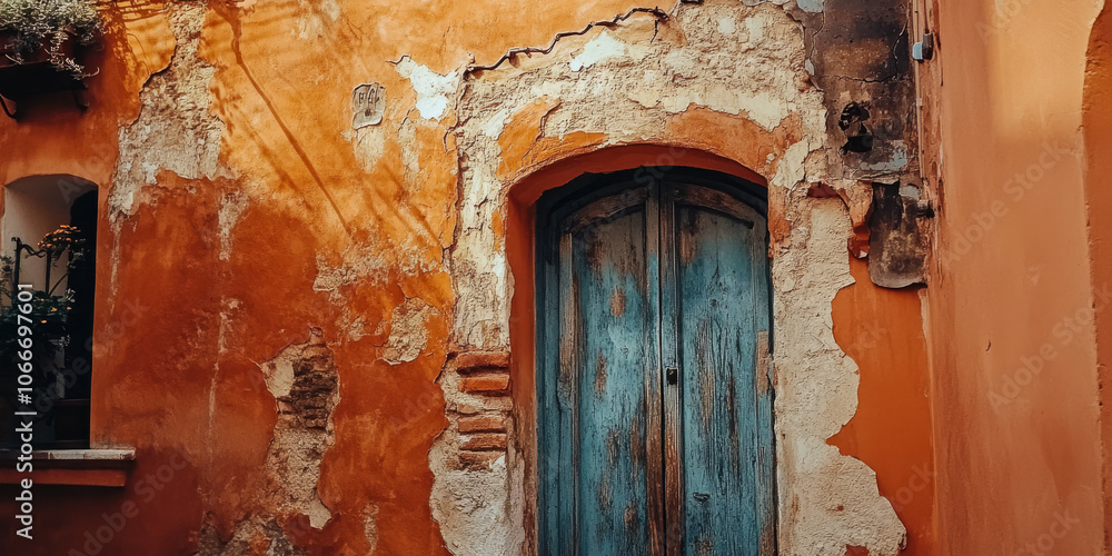 Warm terracotta wall with natural cracks and peeling paint, adding a Mediterranean, rustic vibe Warm terracotta wall with natural cracks and peeling paint, adding a Mediterranean, rustic vibe