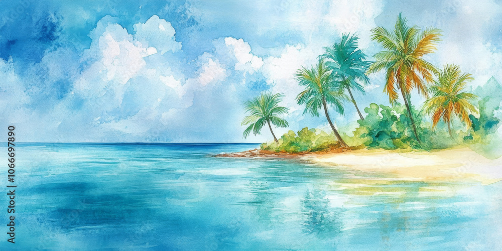 Fototapeta premium Hand painted watercolor of a tropical island with turquoise waters, palm trees, and soft sands