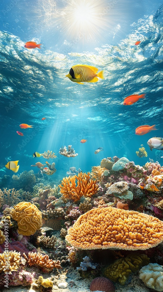 Naklejka premium Underwater Coral Reef with Colorful Fish and Sunbeams.