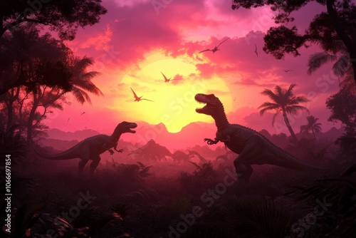 Dinosaurs in a vibrant sunset landscape photo