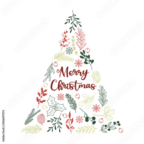 Merry Christmas hand drawn vector illustration, holiday Christmas tree print with winter branches