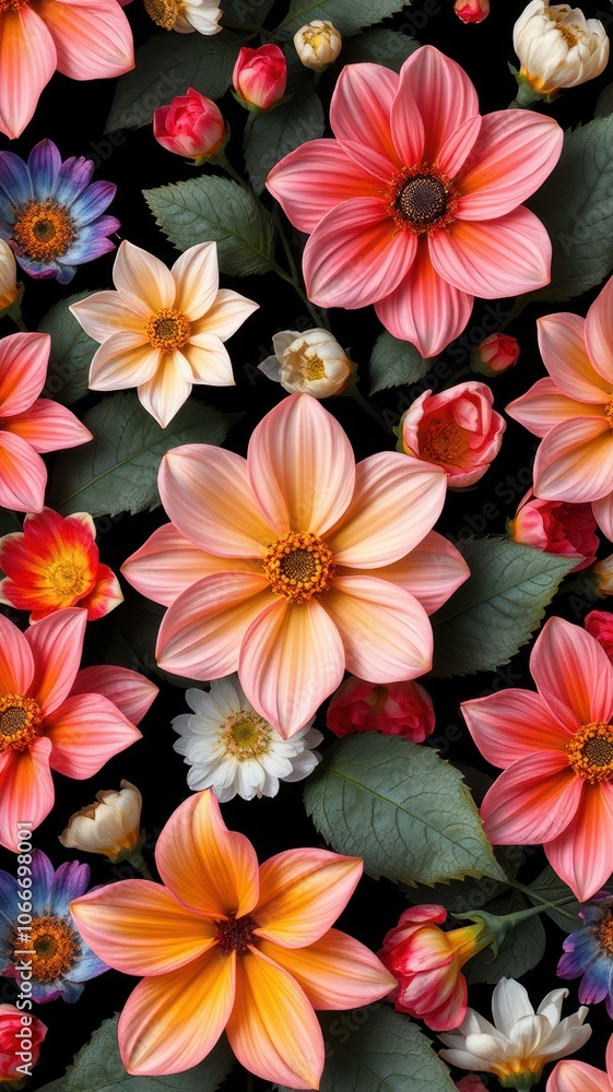 A close-up of colorful flowers against a black background A close-up of colorful flowers against a black background