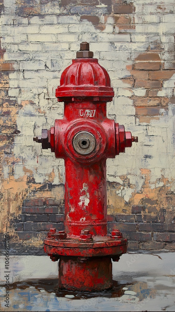 Red Fire Hydrant Against a Brick Wall - Urban Landscape Photography Red Fire Hydrant Against a Brick Wall - Urban Landscape Photography