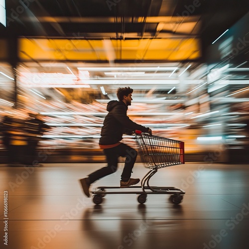 A person using a shopping cart as a chariot, racing through a store, black friday 2024, black friday deals, black friday photo