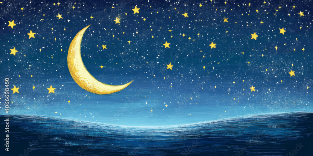 Naklejka premium Starry night sky background with twinkling stars and a crescent moon, perfect for dreamy and whimsical themes