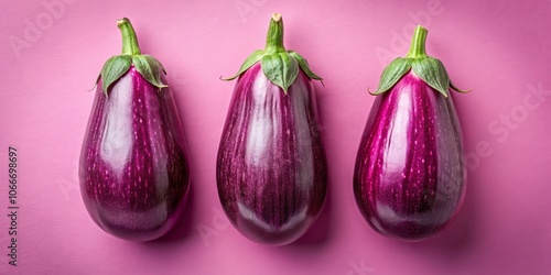 Wallpaper Mural Panoramic View of Three Vibrant Eggplants on a Soft Pink Background, Perfect for Food Photography, Still Life, and Colorful Culinary Art Torontodigital.ca