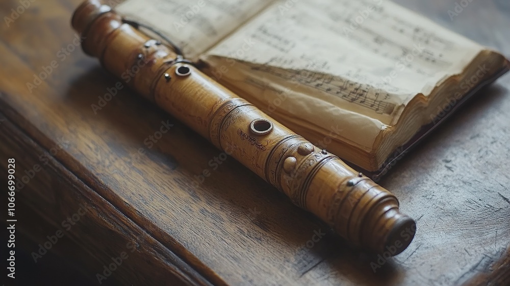 Obraz premium Vintage Wooden Flute and Sheet Music: A Glimpse into Musical History